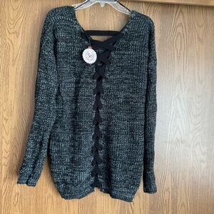 SO Black and Gray V-Neck Sweater with Lace-Up Design